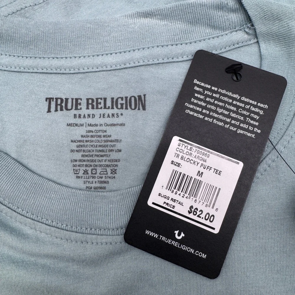 True Religion Blocky Puff Tee Arona Blue Buddha World Tour Shirt 700969 Mens M